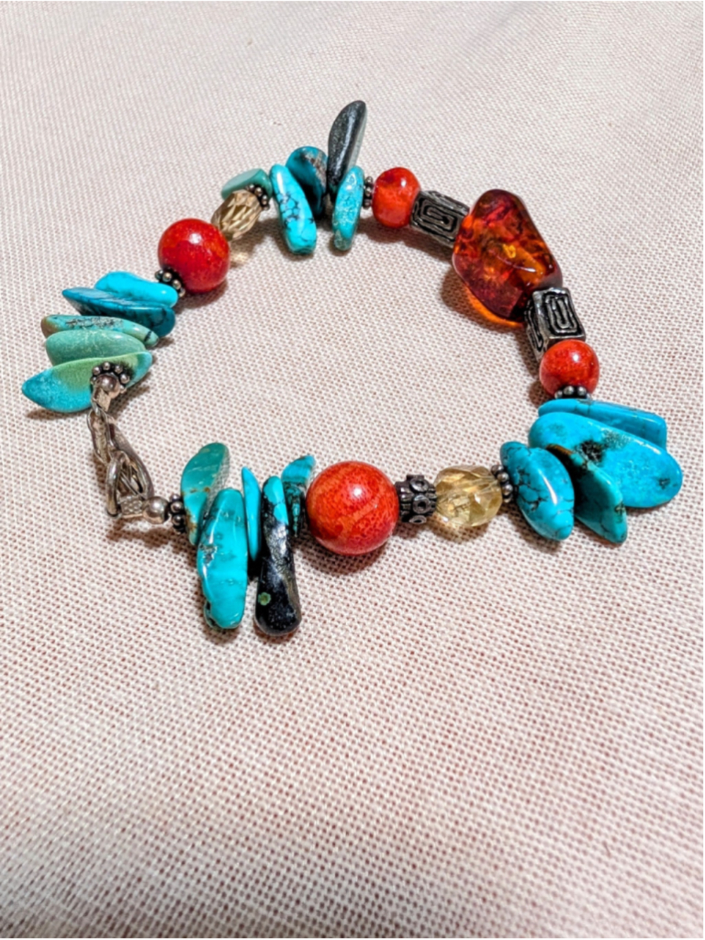 Artisan Turquoise Chip Coral Bead Amber Glass Boho Lobster Bracelet Southwest - Picture 5 of 6
